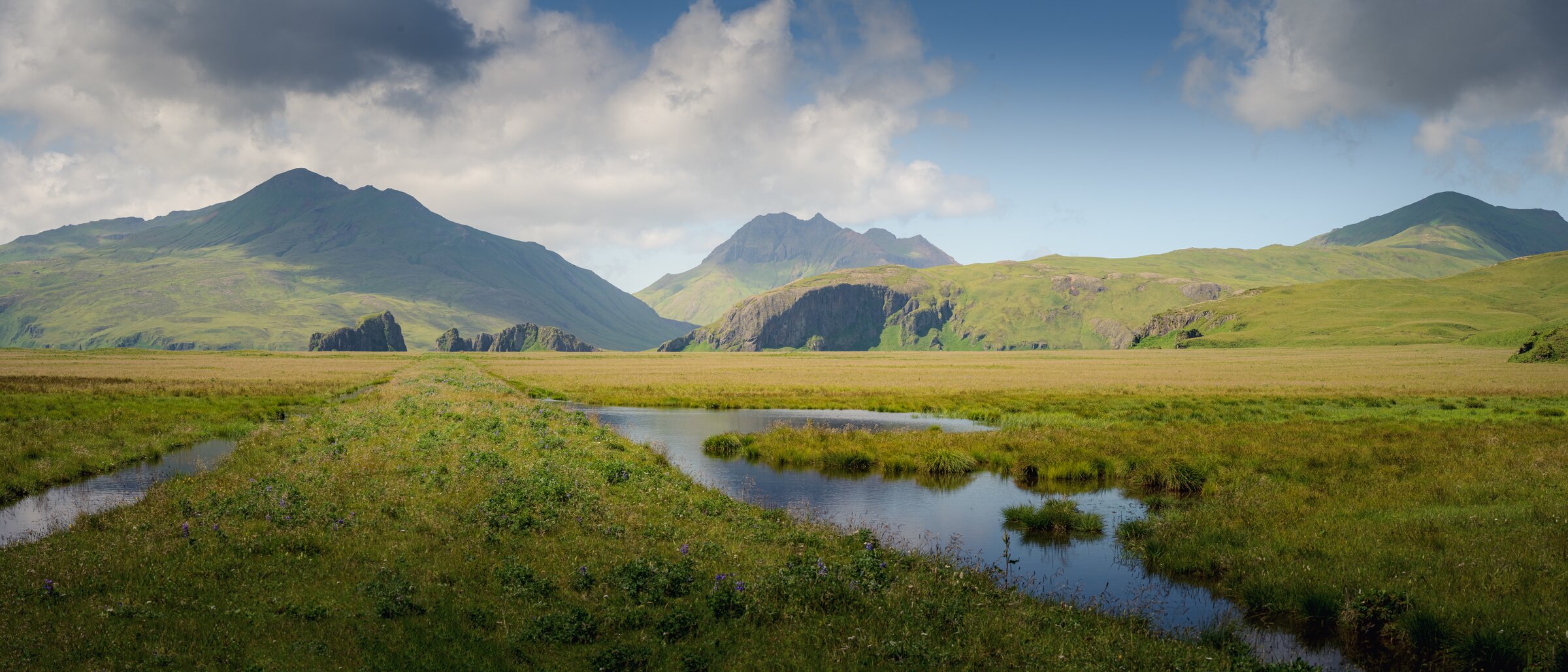 Wide grasslands and wetlands beneath the volcanic ridges of Umnak Island