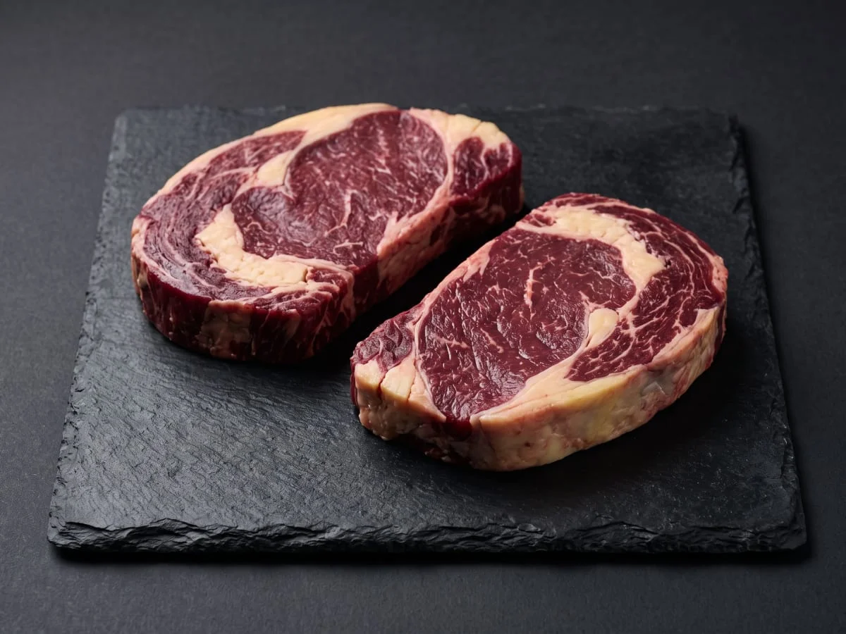 Two Okmok grass-fed ribeye steaks