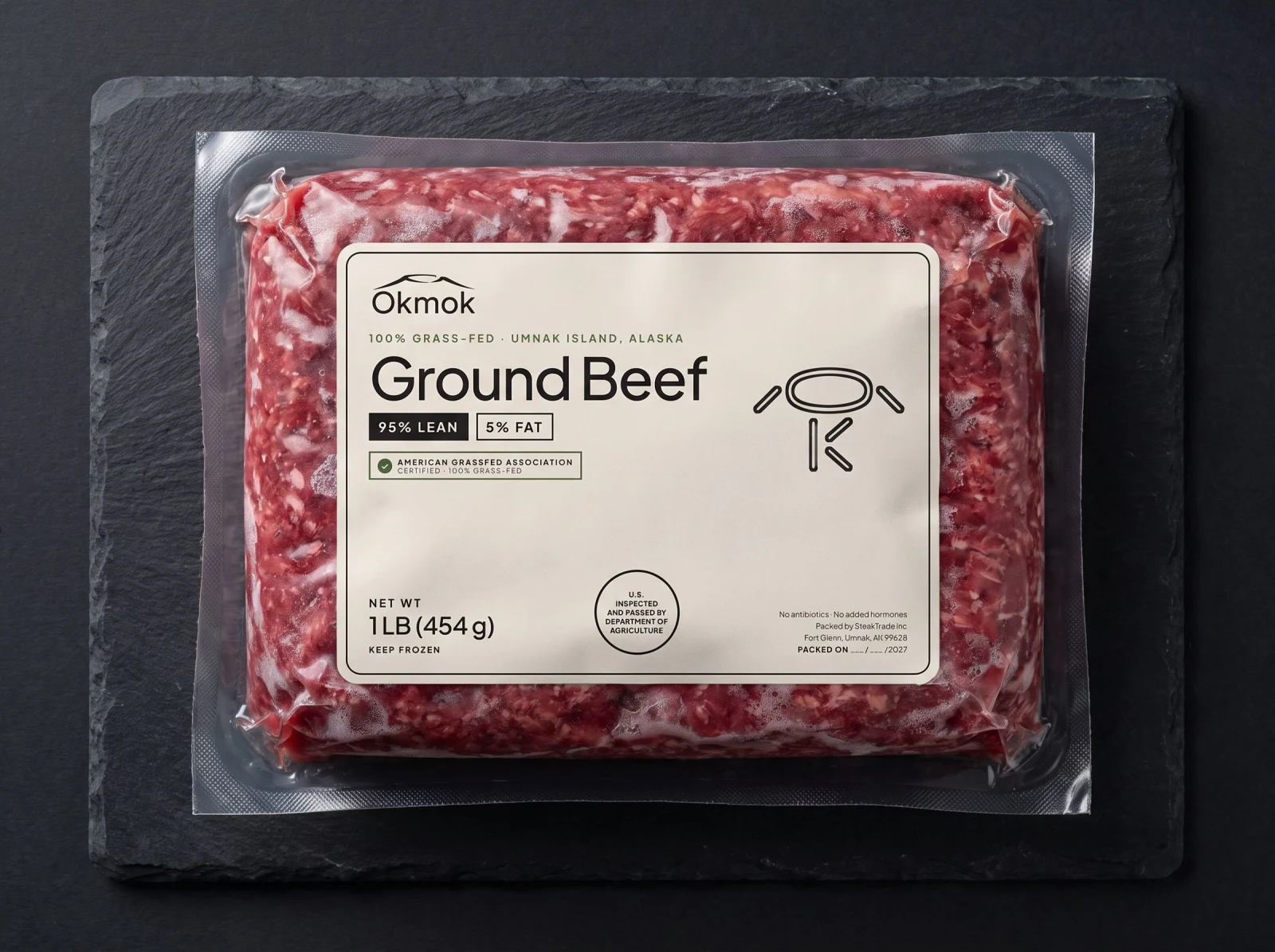 Okmok ground beef packs laid flat