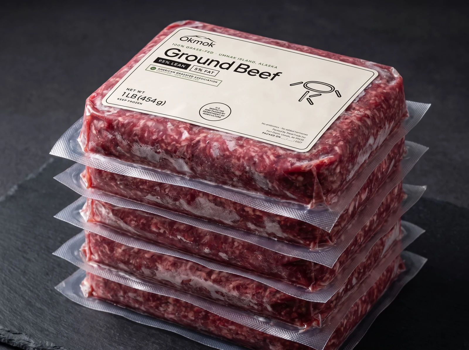 Stacked 1 lb packs of Okmok ground beef