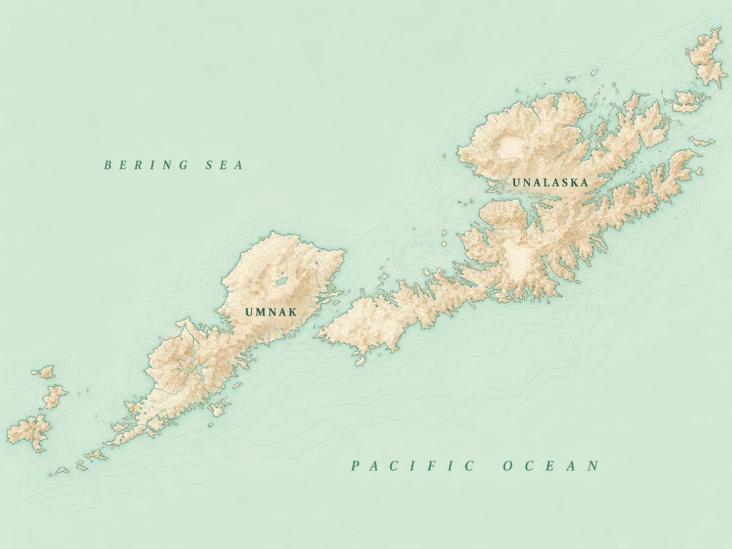 Topographic map of Umnak Island with Fort Glenn marked